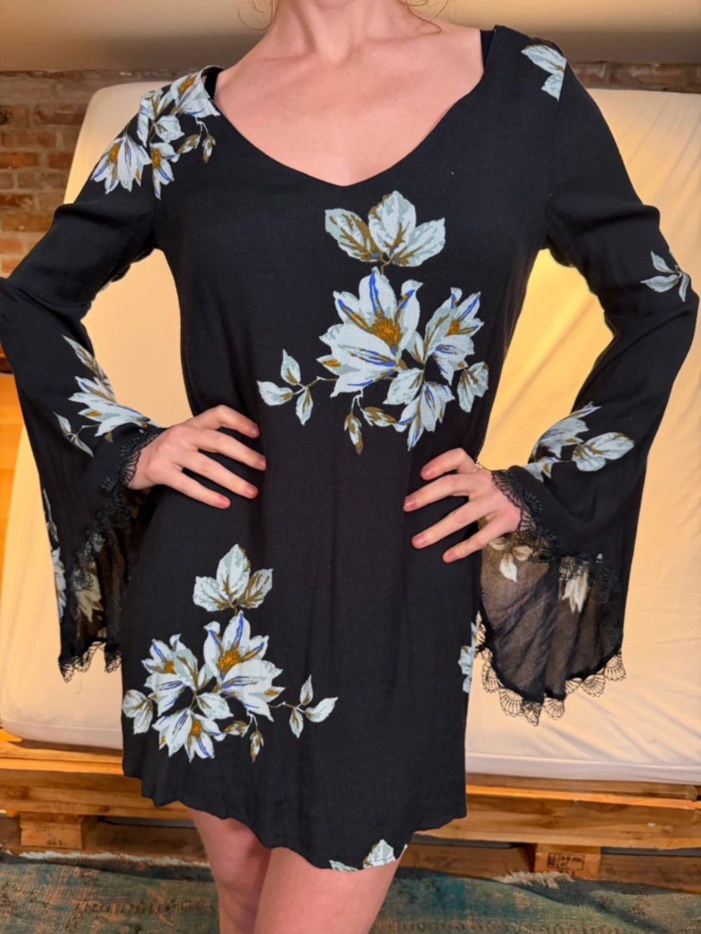 Free People Black Dress with Blue and Cream Floral Accent
